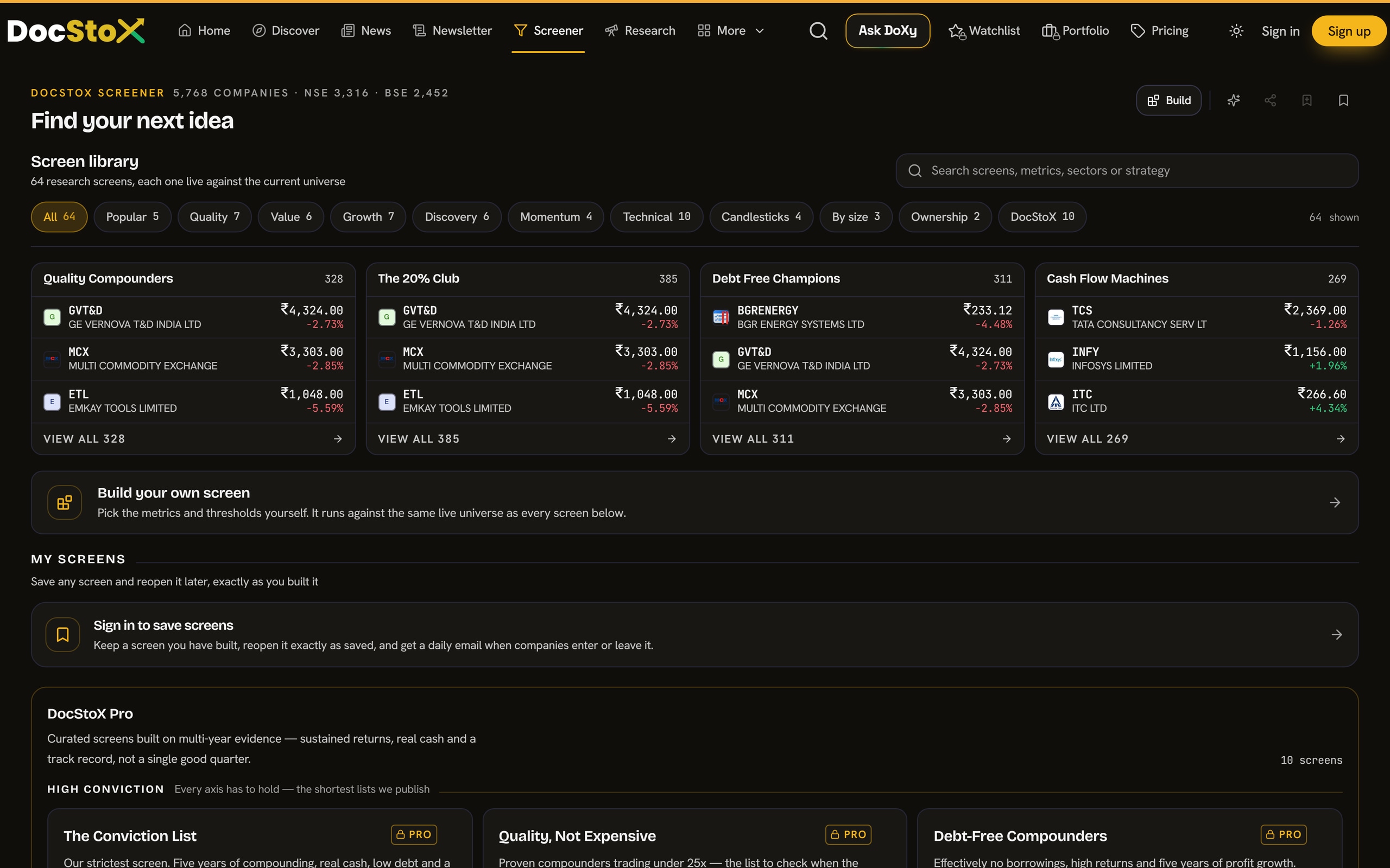 DocStoX screen library: Quality Compounders, The 20% Club, Debt Free Champions, Cash Flow Machines