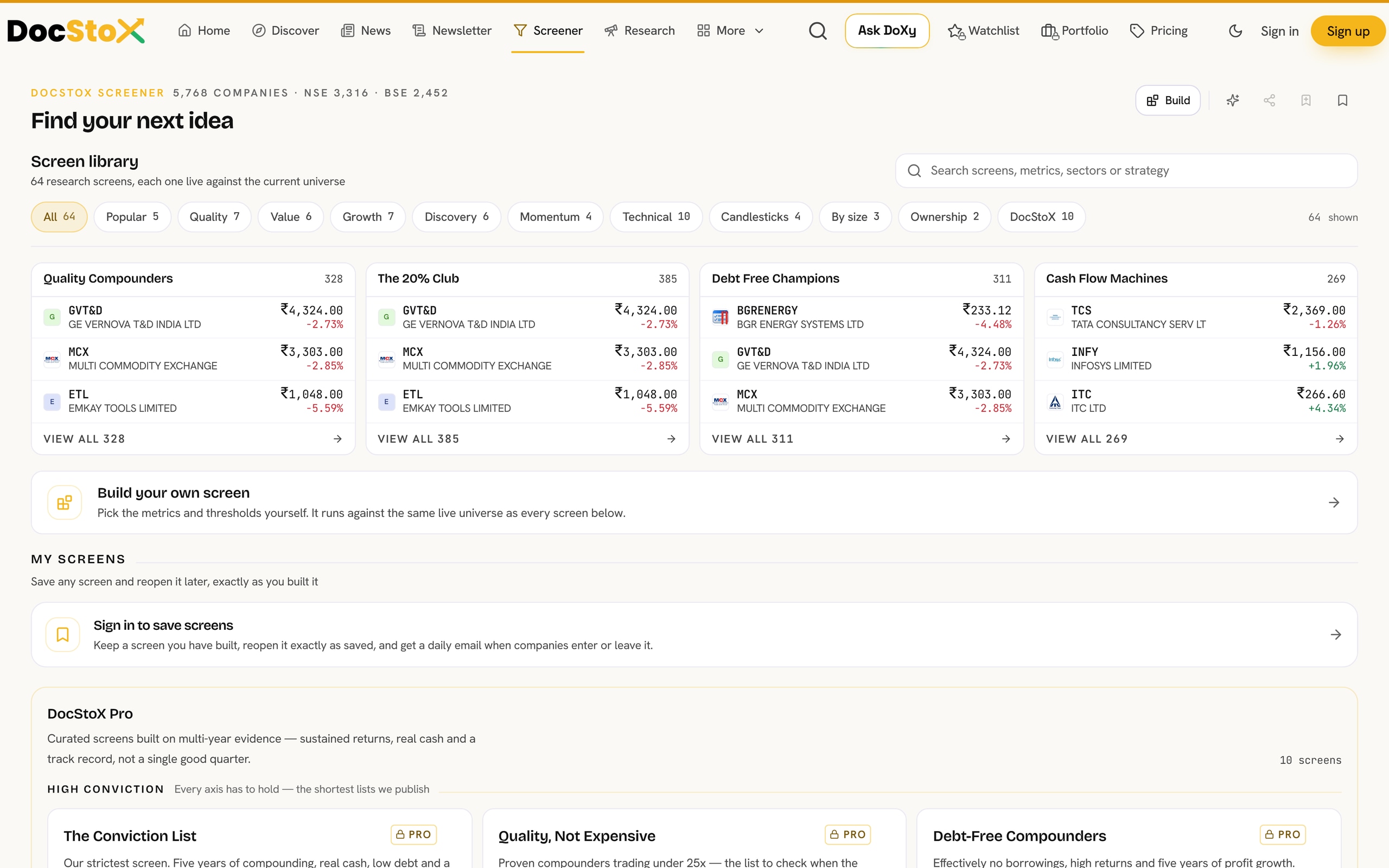 DocStoX screen library: Quality Compounders, The 20% Club, Debt Free Champions, Cash Flow Machines