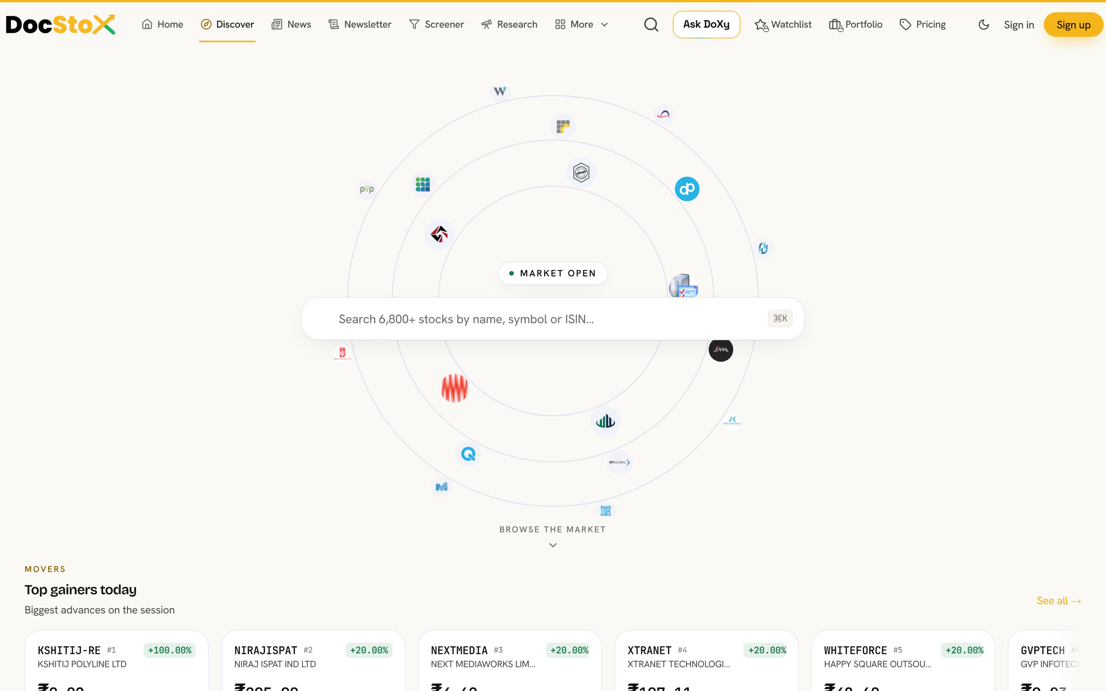 The DocStoX discover page showing stocks, themes and sectors
